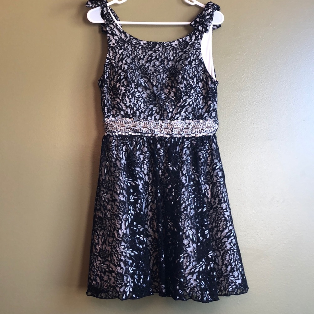 Black lace, fit and flare dress (juniors)